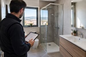 Técnico revisando un plano durante la valoración de un presupuesto de reforma de baño en Guadarrama; imagen generada ilustrativa