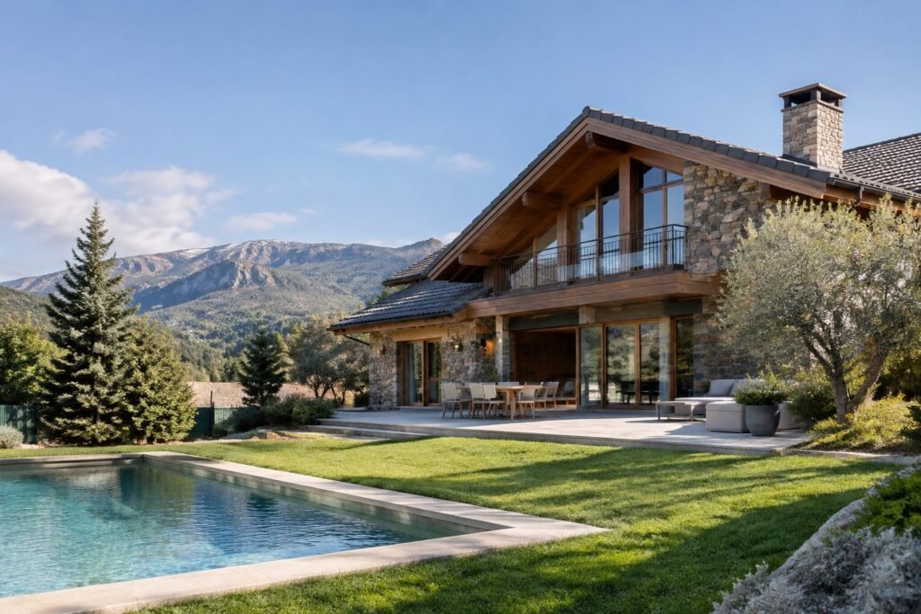 Chalet de piedra y madera con jardín y piscina, ilustración de una reforma de chalet en la sierra de Madrid
