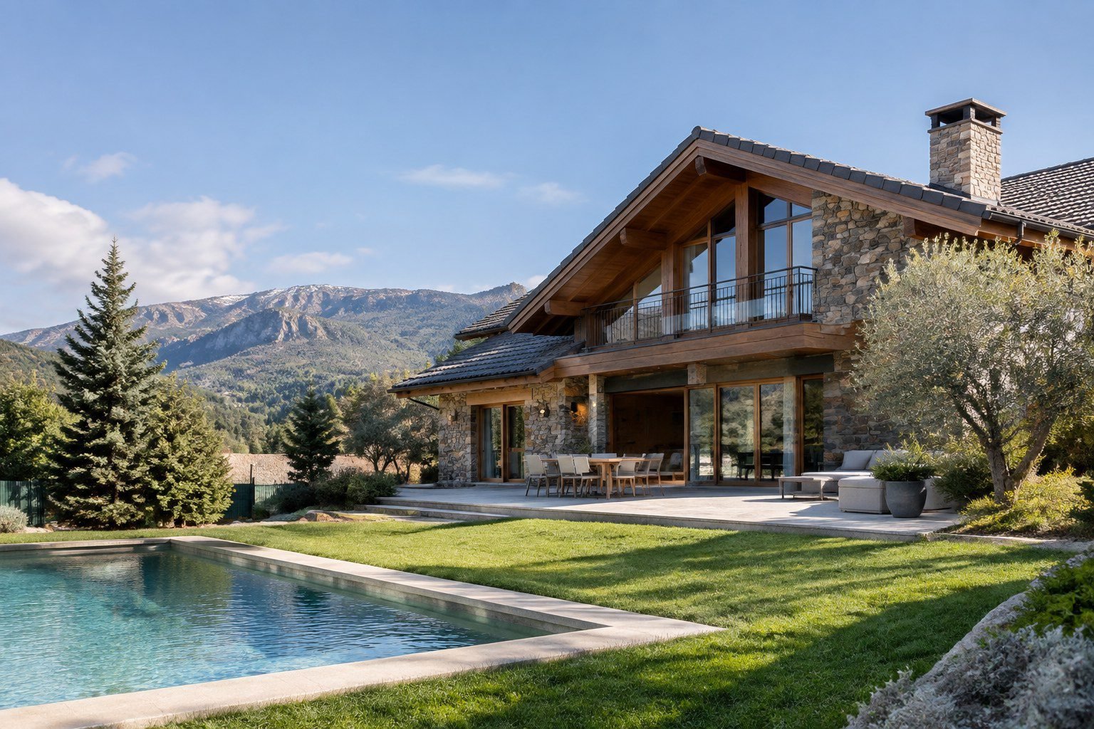 Chalet de piedra y madera con jardín y piscina, ilustración de una reforma de chalet en la sierra de Madrid