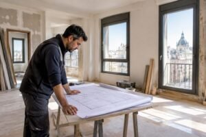 Técnico revisando planos de una reforma integral de piso en Majadahonda; escena generada ilustrativa